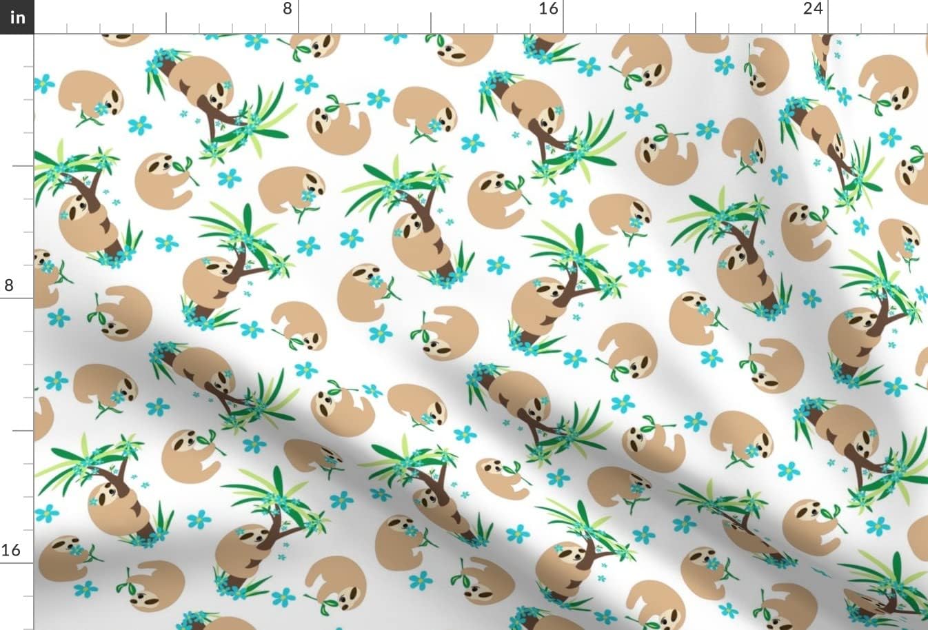 Spoonflower Fabric - Sloth White Cute Animals Wildlife Turquoise Blue Green Tan Brown Palm Printed on Chiffon Fabric by The Yard - Sewing Fashion Apparel Dresses Home Decor