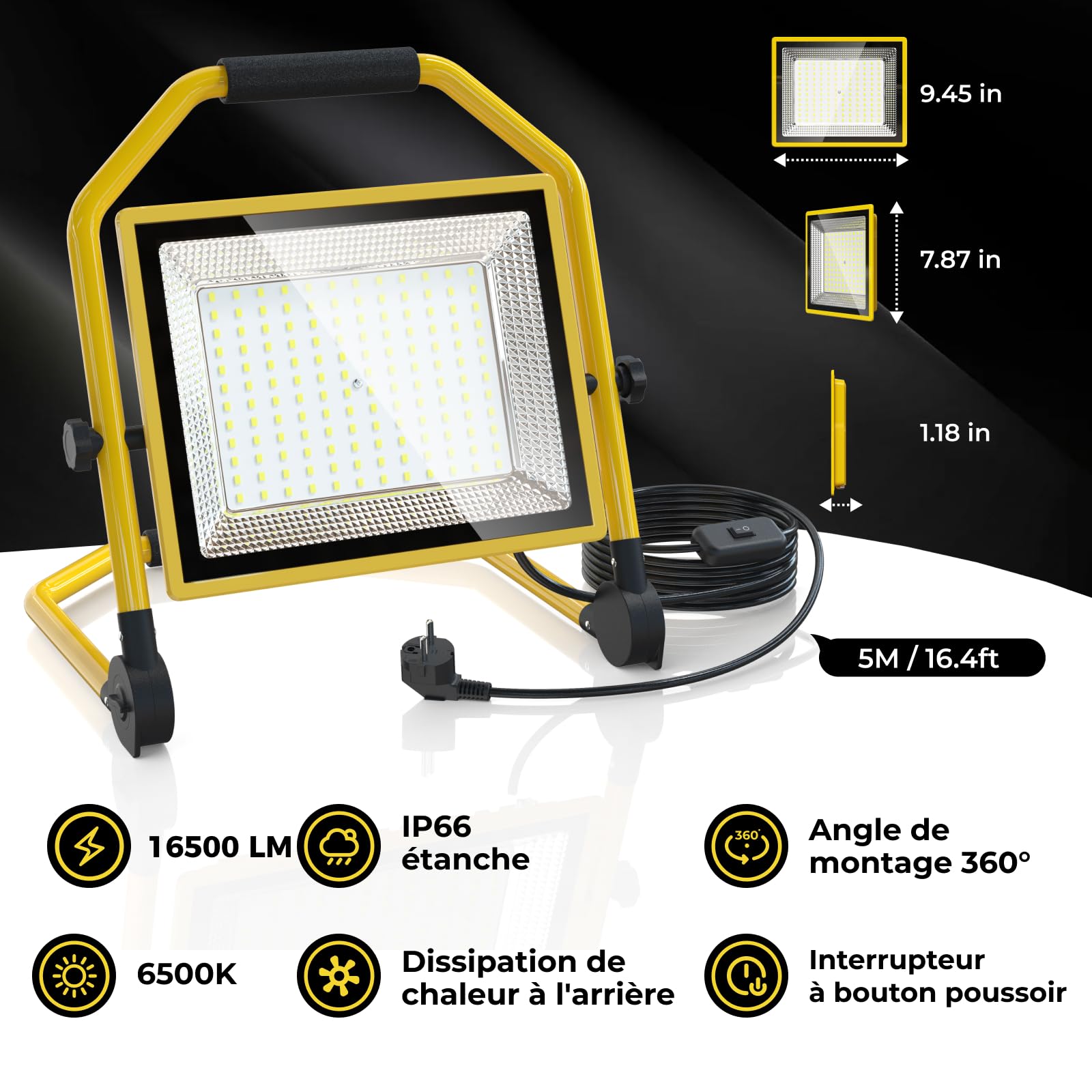 Projecteur de Chantier à LED 16500 Lumens, Câble 16FT, 6500k, étanche, Support Réglable Idéal pour les Ateliers Intérieurs et Extérieurs, les Garages et les Chantiers de Construction (150W)