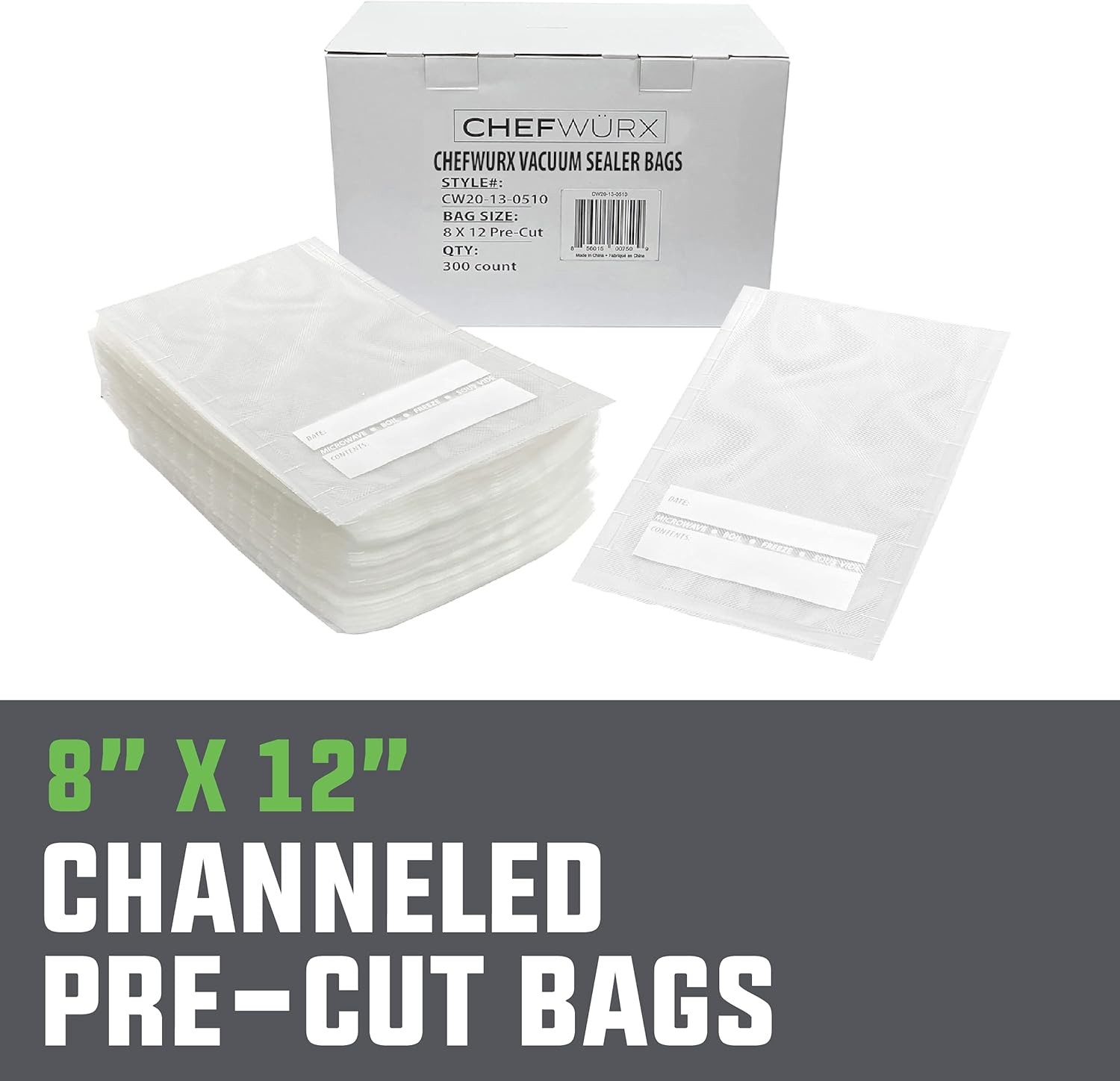 Chefwurx Pre-Cut Vacuum Sealer Bags – 300 Pint Bags for Food Saver – BPA-Free Vacuum Seal Bags, Microwave, Freezer and Boil Safe, Compatible with Most Vacuum Seal Machines (8” x 12”)