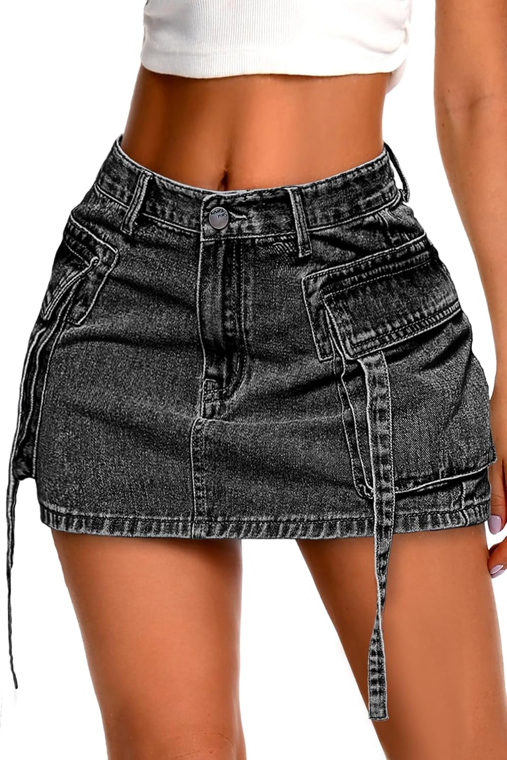 ELLEVEN High Stretch Denim Cargo Skirt for Women, Low Waist Y2k Mini Jean Skirt Cute Skirt with Pockets