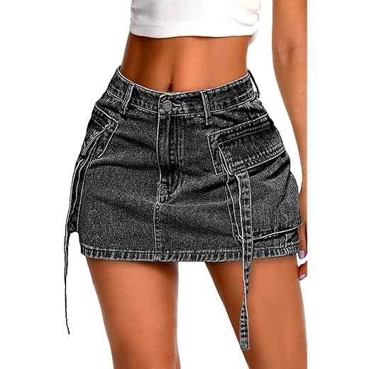 ELLEVEN High Stretch Denim Cargo Skirt for Women, Low Waist Y2k Mini Jean Skirt Cute Skirt with Pockets