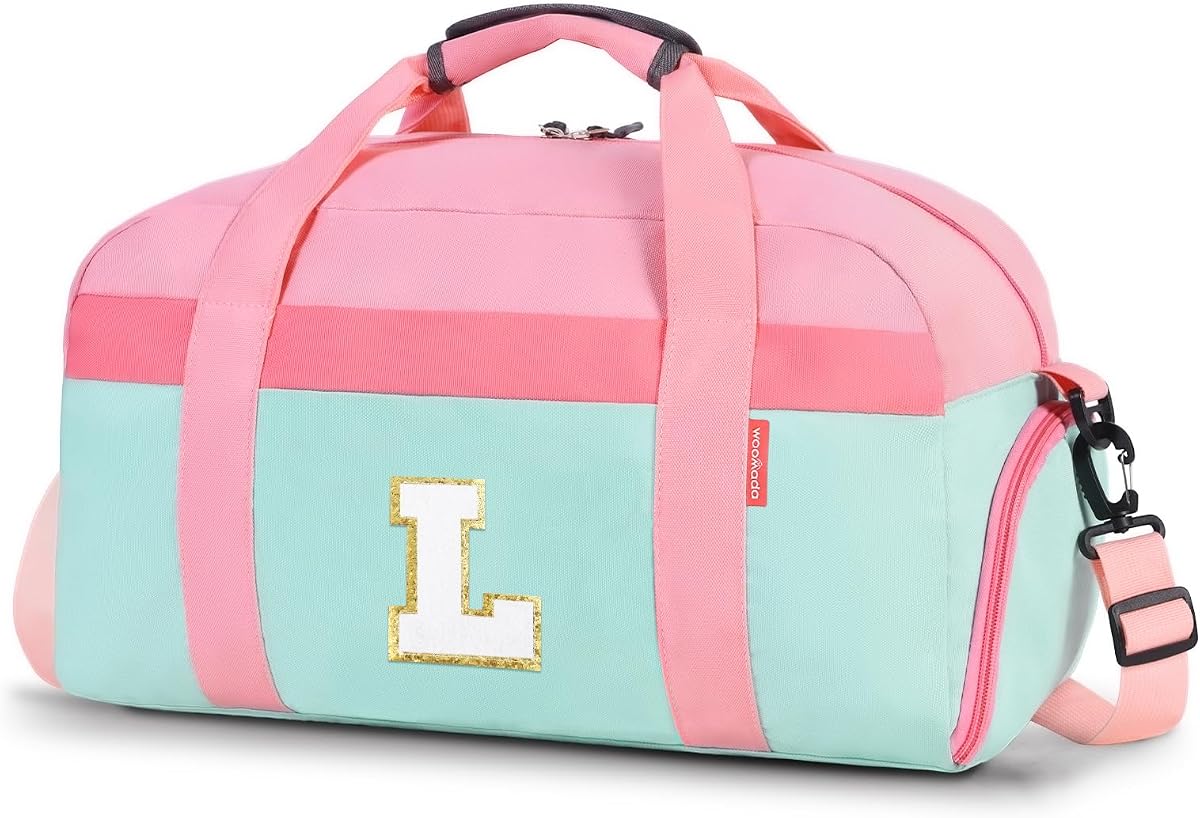 Initial Kids Duffle Bag for Boys or Girls, Kids Overnight Bag with Shoe Compartment, Personalized Weekender bags, Birthday Gifts for Women Boys Girls (Pink Green-Letter L)