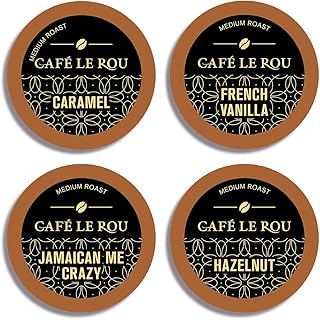 "NEW" Café Le Rou Coffee Flavor Lovers Variety Pack (Caramel, French Vanilla, Jamaican Me Crazy and Hazelnut - 10 each) 40 Count,Single Serve Coffee Pods, Compatible with 2.0 K-cup, Recyclable