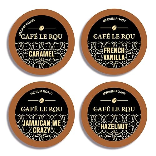 Paquete variado "NEW" Café le Rou Coffee Flavor Lovers (caramelo, vainilla francesa, Jamaican Me Crazy y Avellana - 10 cada uno) 40 unidades,