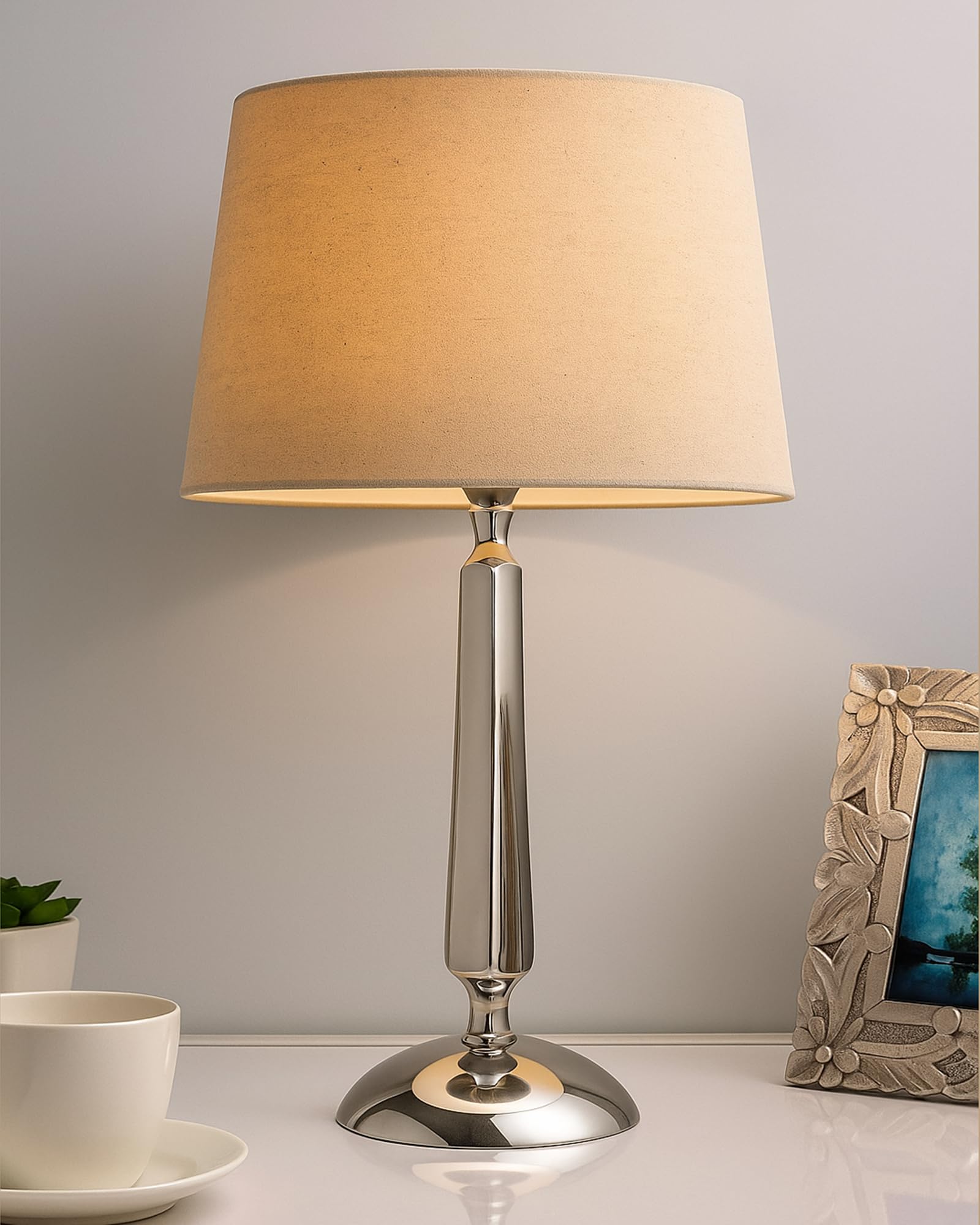 Homesake® Cubist Chrome Table Lamp for Bedroom with Beige Shade Night Lamps for Home Decoration Bedside Living Room, Bedroom, Hall Lighting Made in India Products - Pack of 1-image-3