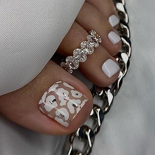 Press on Toenails Short Square Fake Toenails with Designs Cloud Print Design Acrylic Full Cover Glossy White Summer Glue on Nails Seamless Fit Stick on Nails for Women False Toe Nails Kit 24PCS