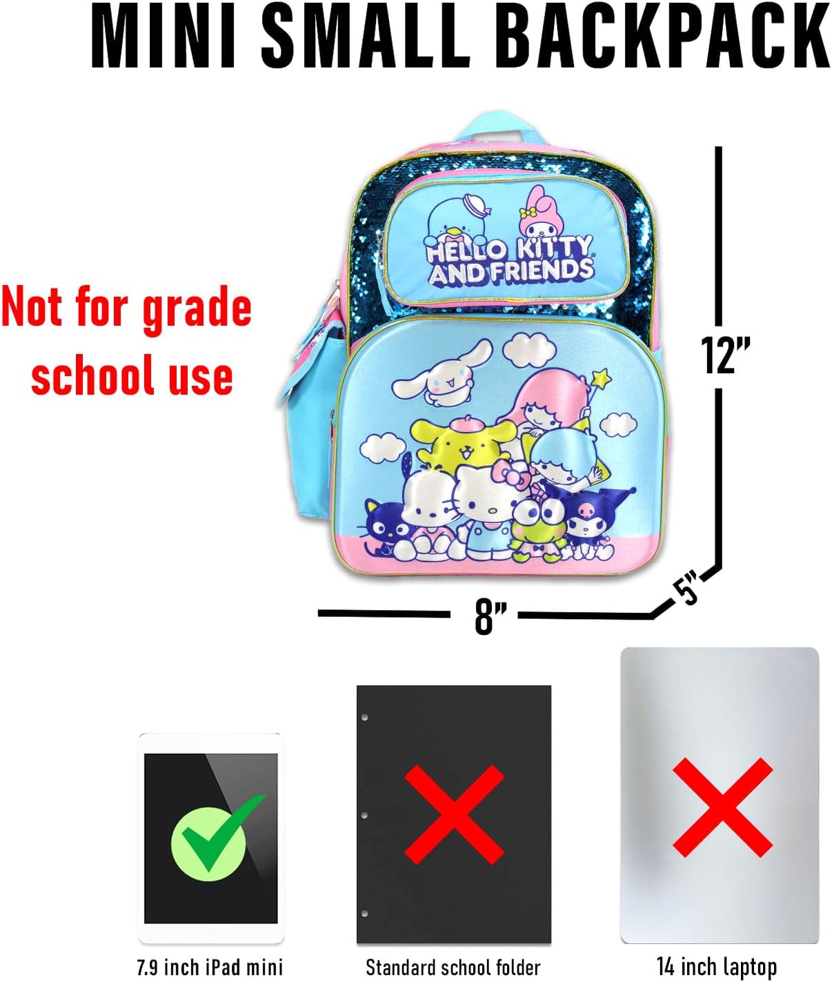 Hello Kitty and Friends Mini Backpack for Kids - Bundle with 12” Sequined Bag with Front Pocket Plus Water Bottle, More | Sanrio Backpack Purse