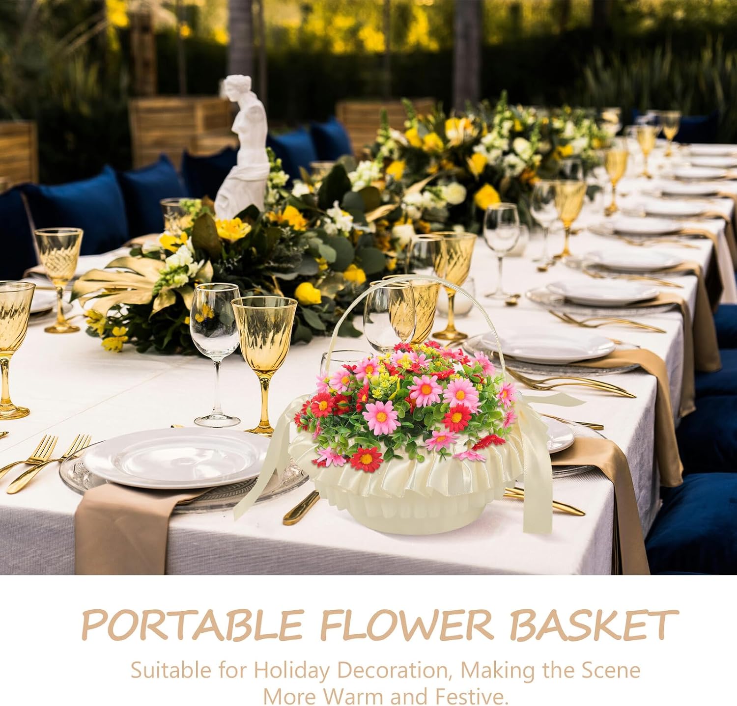 Elegant Gold Wedding Flower Basket with Lace Skirt and Bowknot Woven Flower Girl Basket for Ceremony for Petal Tossing and Wedding Decor