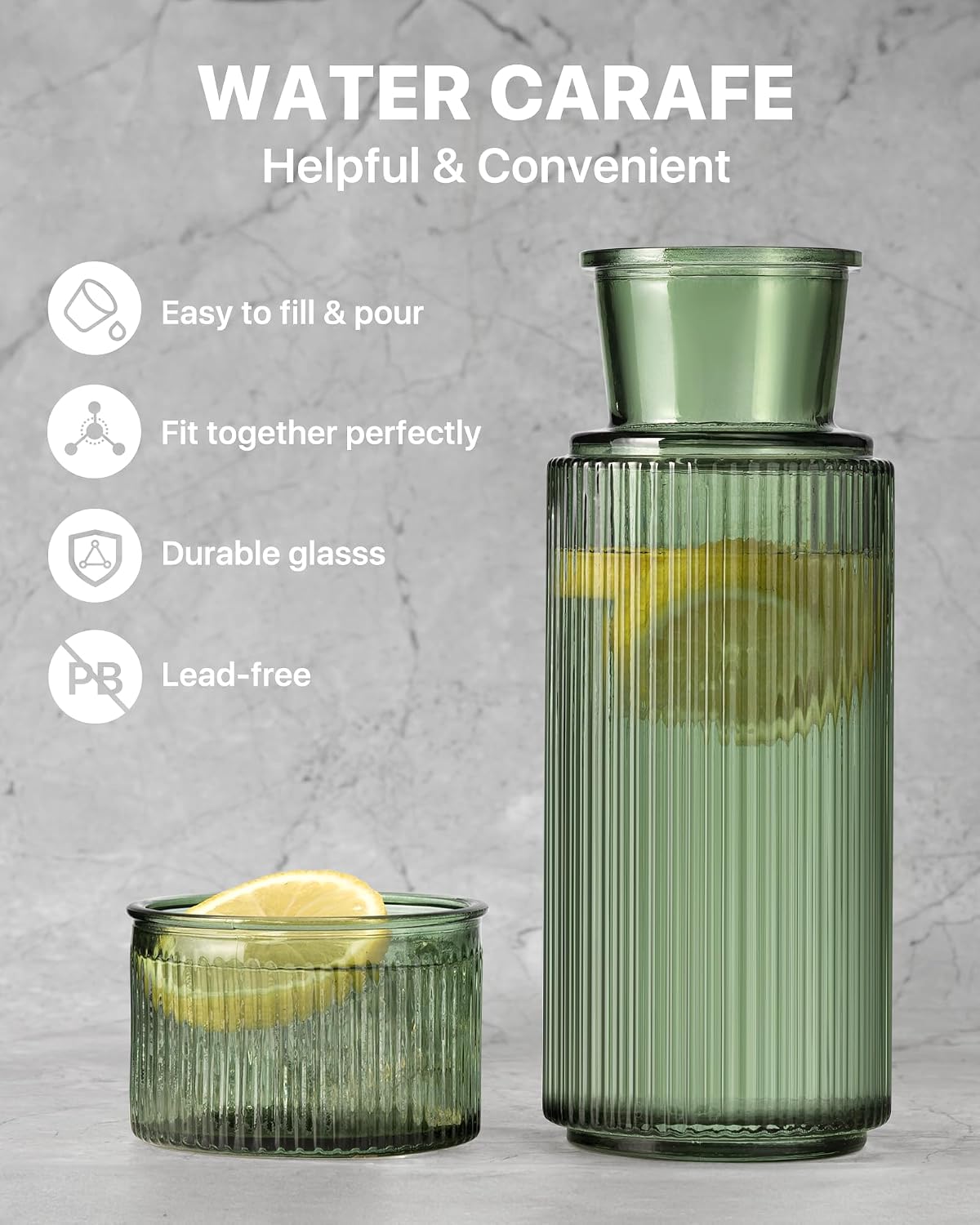 Bedside Water Carafe and Glass Set with USB Light Base, Green