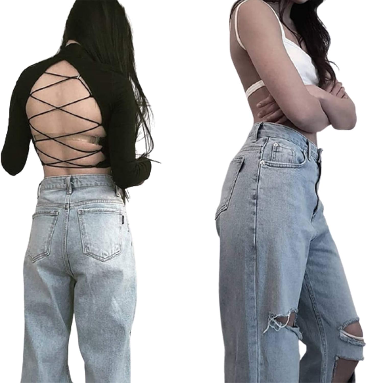 Women's American Flag Bell Bottom Jeans - High Waisted, Ripped Knee, Raw Hem, Stretchy Denim, Casual Flare Pants