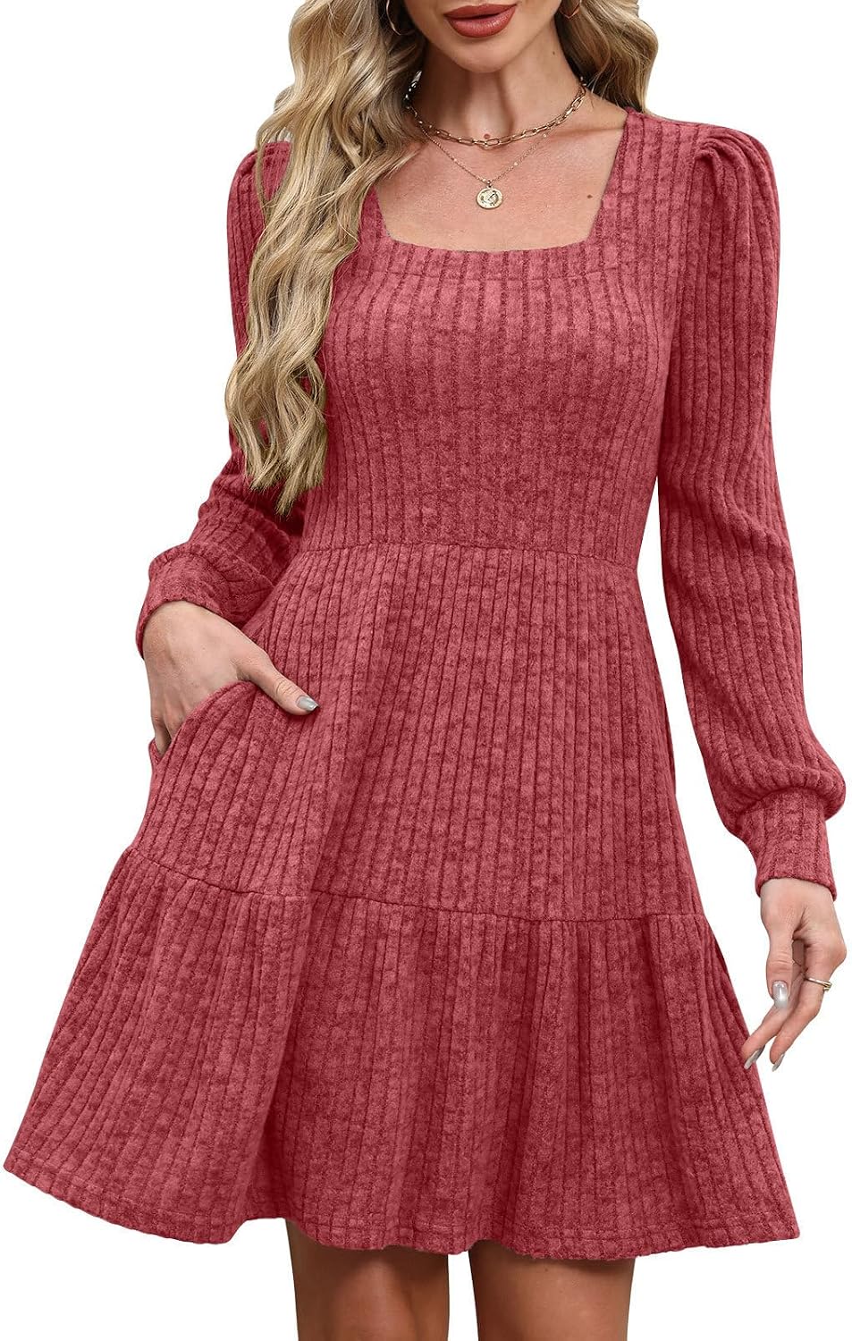 MixShe Women's Fall Dresses 2025 Square Neck Long Sleeve Winter Dress