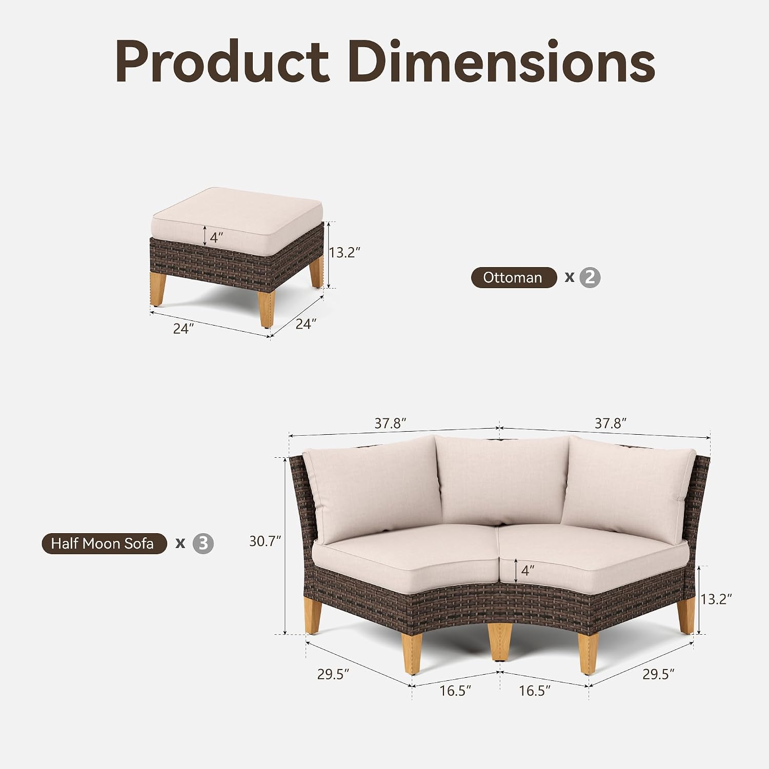 GREEN PARTY 8 Pieces Wicker Patio Furniture Set, All-Weather Outdoor Rattan Half-Moon Curved Patio Sectional Sofa Conversation Set with 4" Thick Cushions for Garden, Backyard, 2 x Ottomans