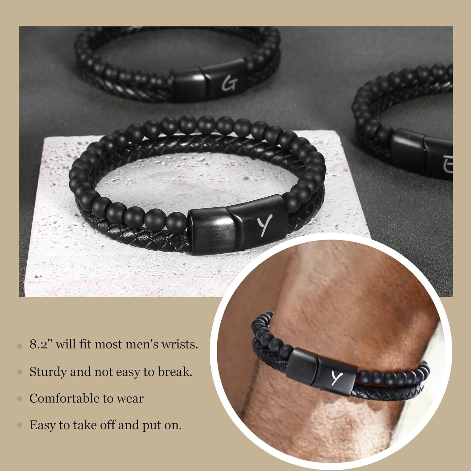 Leather Bracelet for Men Valentines Day Gifts for Teens Initial Bracelet Easter Basket Stuffers Letter A-Z Beaded Bracelets I Love You Gifts for Him Boyfriend Anniversary Birthday Gifts for Son Husband Christmas Graduation Jewelry - Image 5