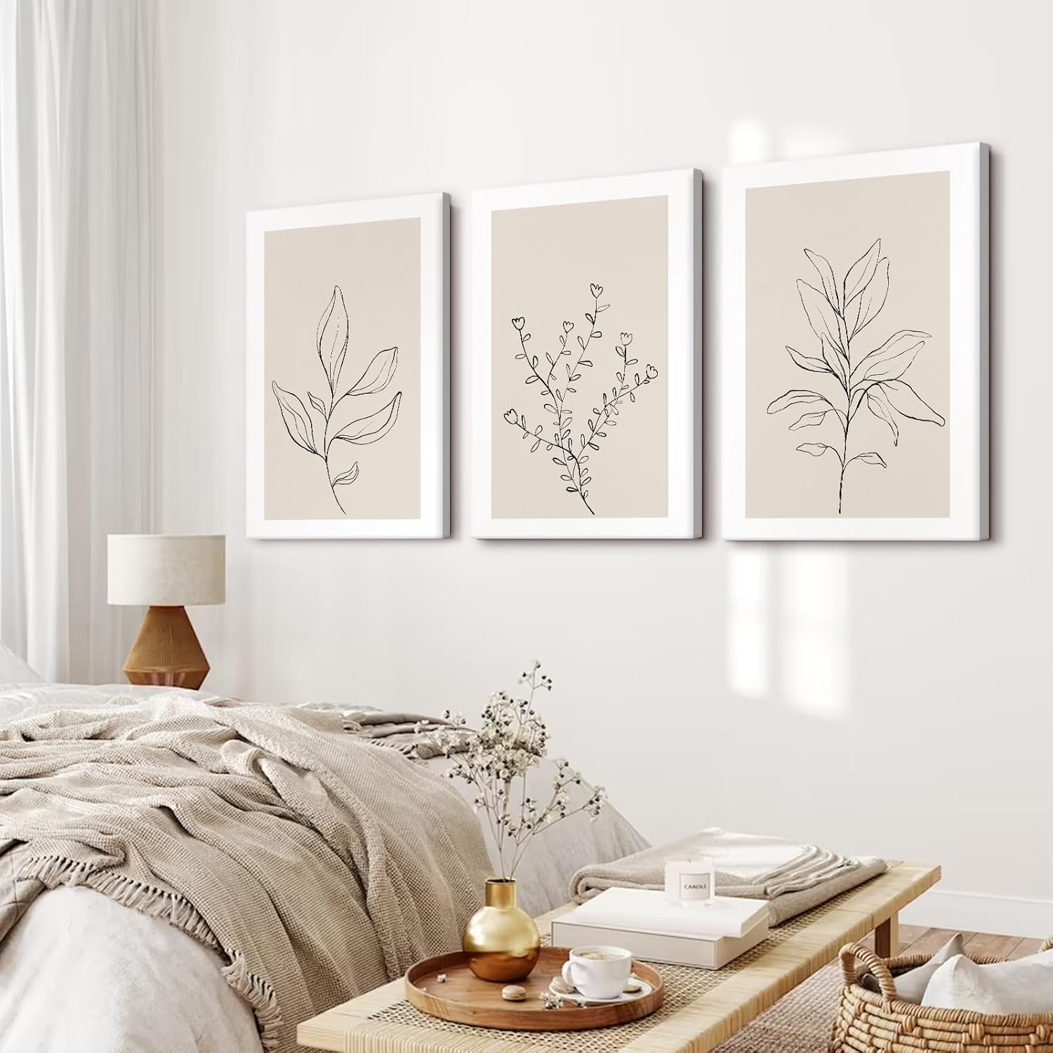 Botanical Wall Art Decor Neutral Wall Decor Boho Beige Canvas Wall Art Botanical Minimalist Pictures Botanical Neutral Prints Beige Posters Boho Artwork for Room Bedroom 12x16x3 Inch Framed