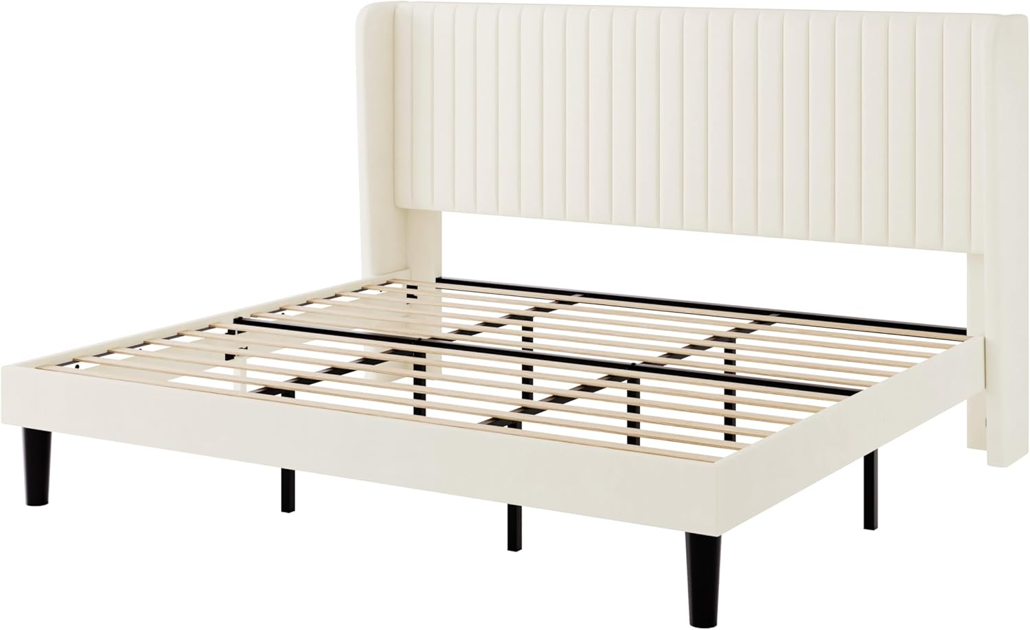SHA CERLIN King Size Velvet Bed Frame with Vertical Channel Tufted Wingback Headboard, Upholstered Platform Bed with Wood Slats, No Box Spring Needed, Easy Assembly, Cream White