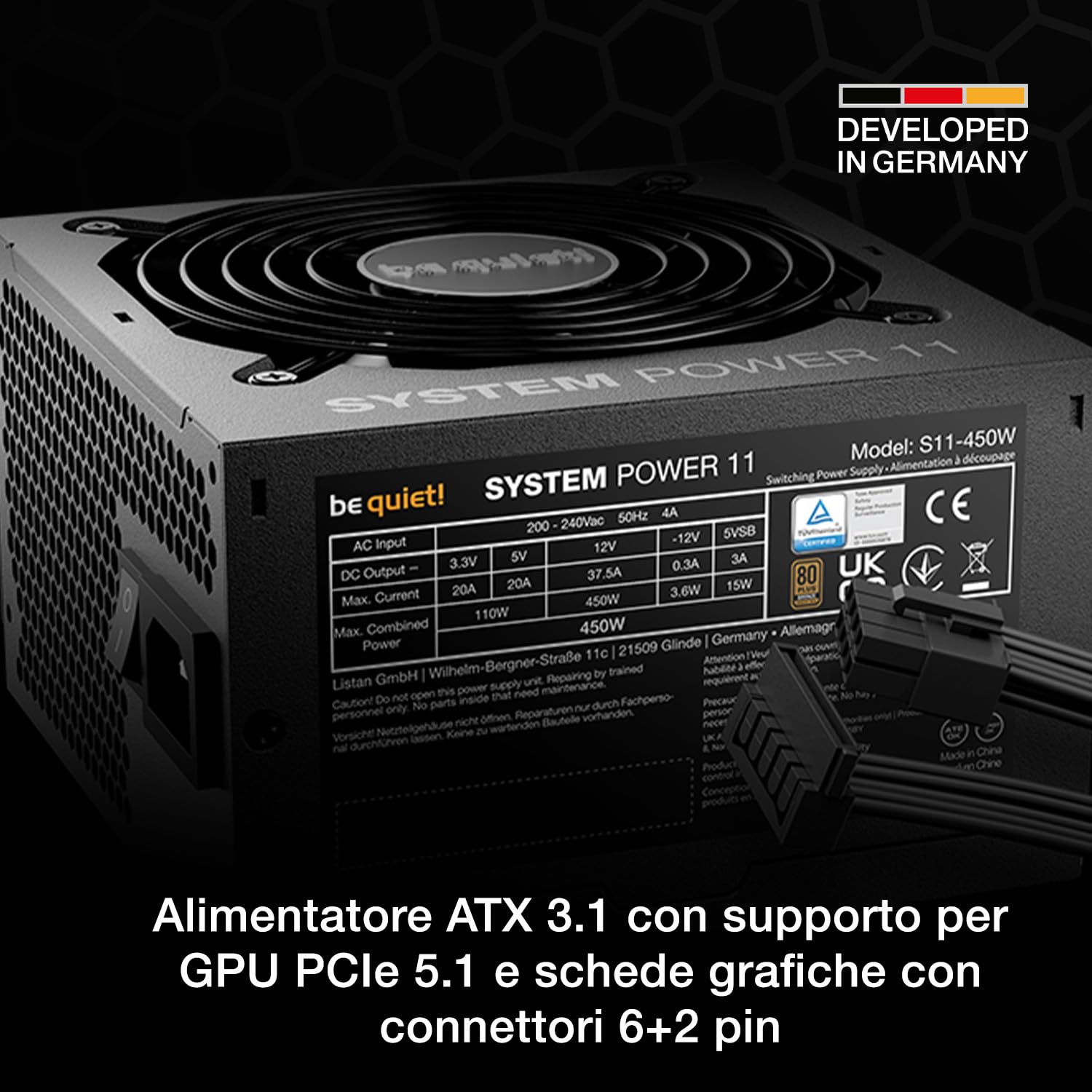 be quiet! System Power 11 450W alimentatore, ATX 3.1, con supporto a GPU PCIe 5.1, ventola da 120mm di qualità a controllo termico, potente rail da 12V, tecnologia DC-to-DC, efficienza 80 PLUS® Bronze