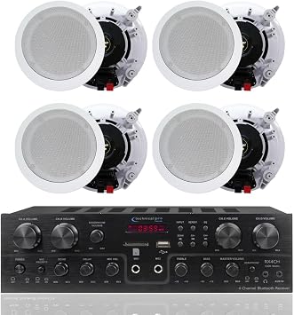 Technical Pro Home Theater System Kit 4-Channel 1000 Watts Amplifier | w/ 4 Qty of 5.25" 175 Watts Each Flush Mount in-Wall in-Ceiling 2-Way Mid, Bass Woofer Ceiling Speaker