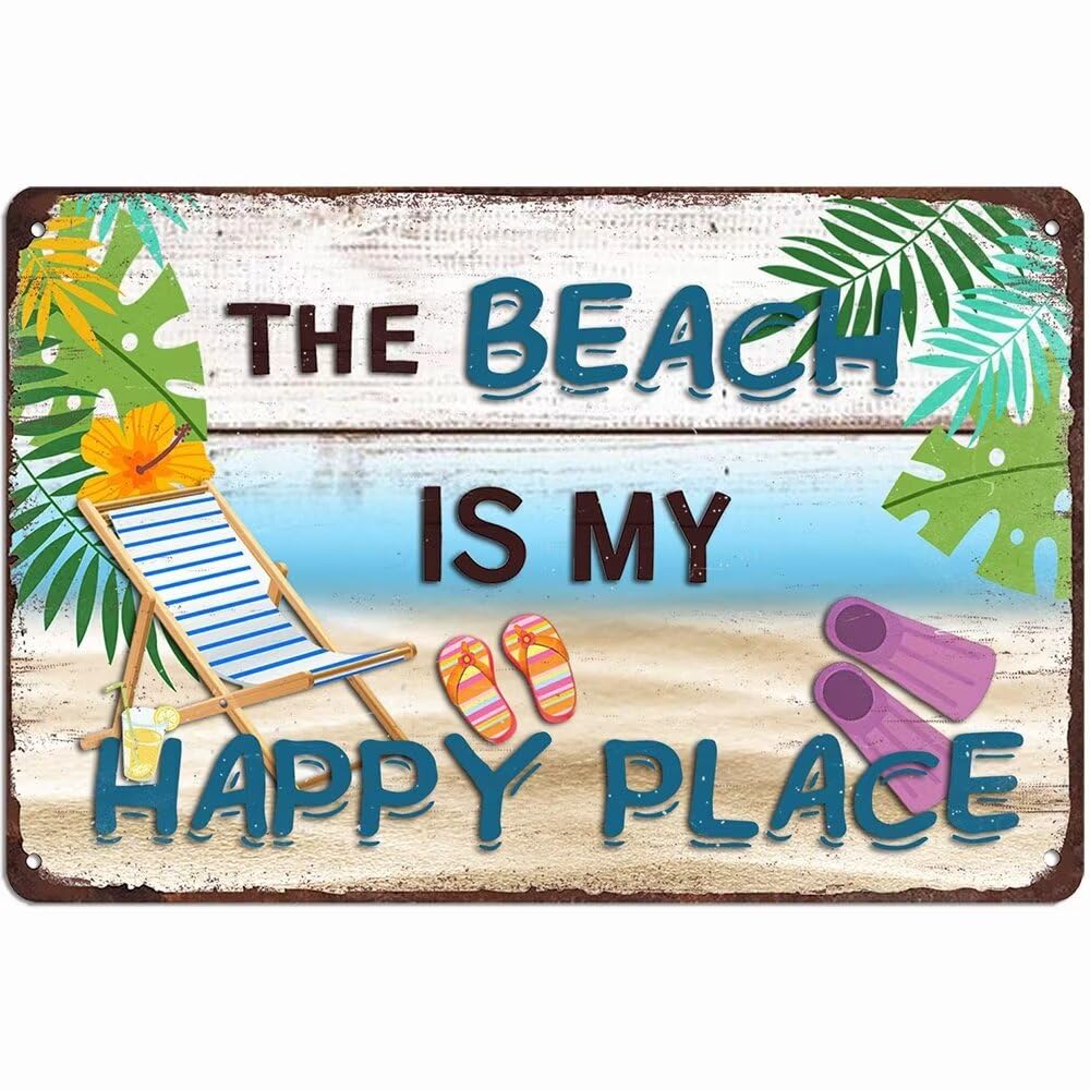 The Beach Is My Happy Place Metal Tin Sign Vintage Home Wall Decor Signs Rustic Rooms Decor for Bathroom Bedroom Living Room Beach Hut 8x12 Inch