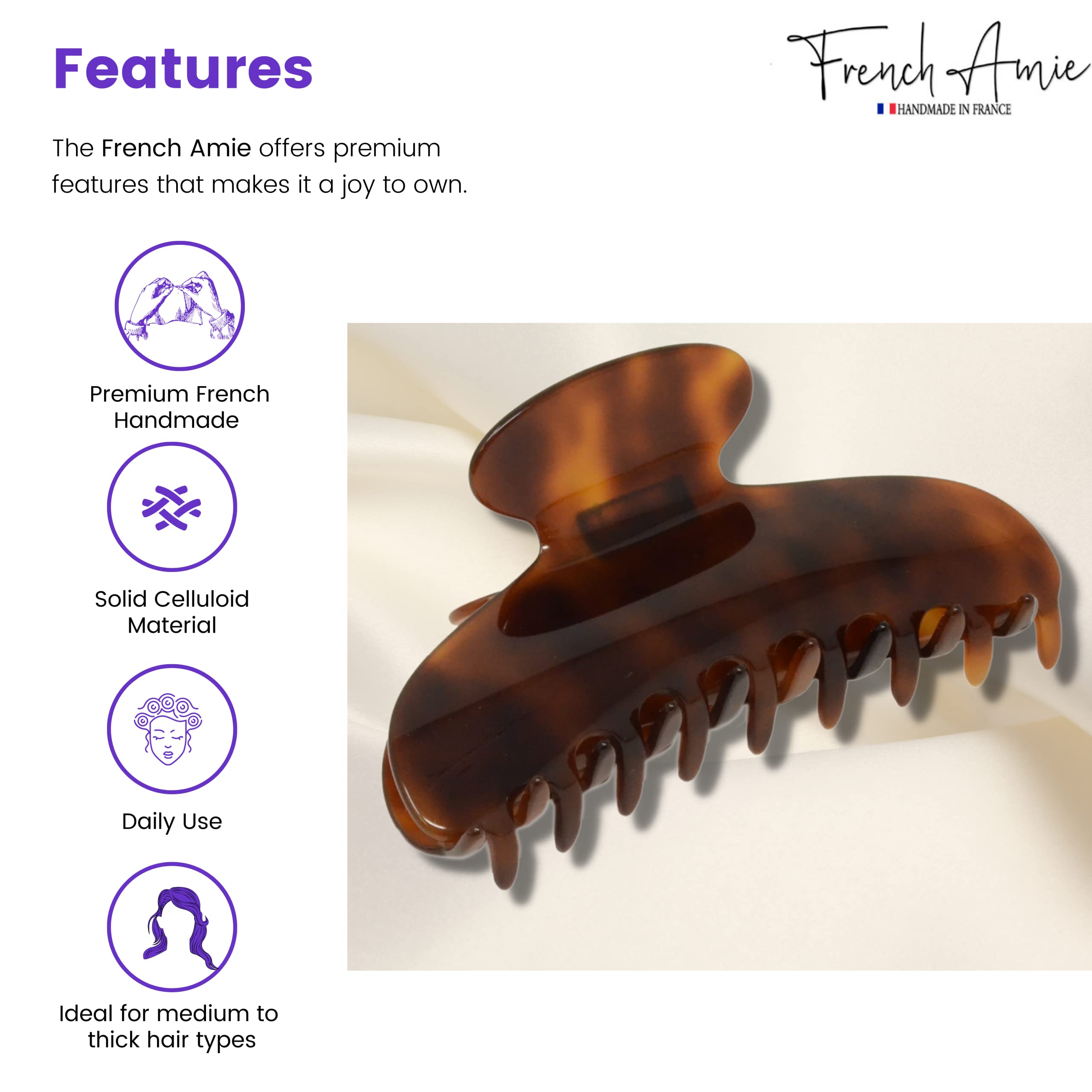 French Amie Clip ovale sottile grande 1,1 cm fatto a mano in celluloide ad incastro forte tenuta antiscivolo per capelli a forma di mascella per donne e ragazze, prodotto in Francia (Shell)