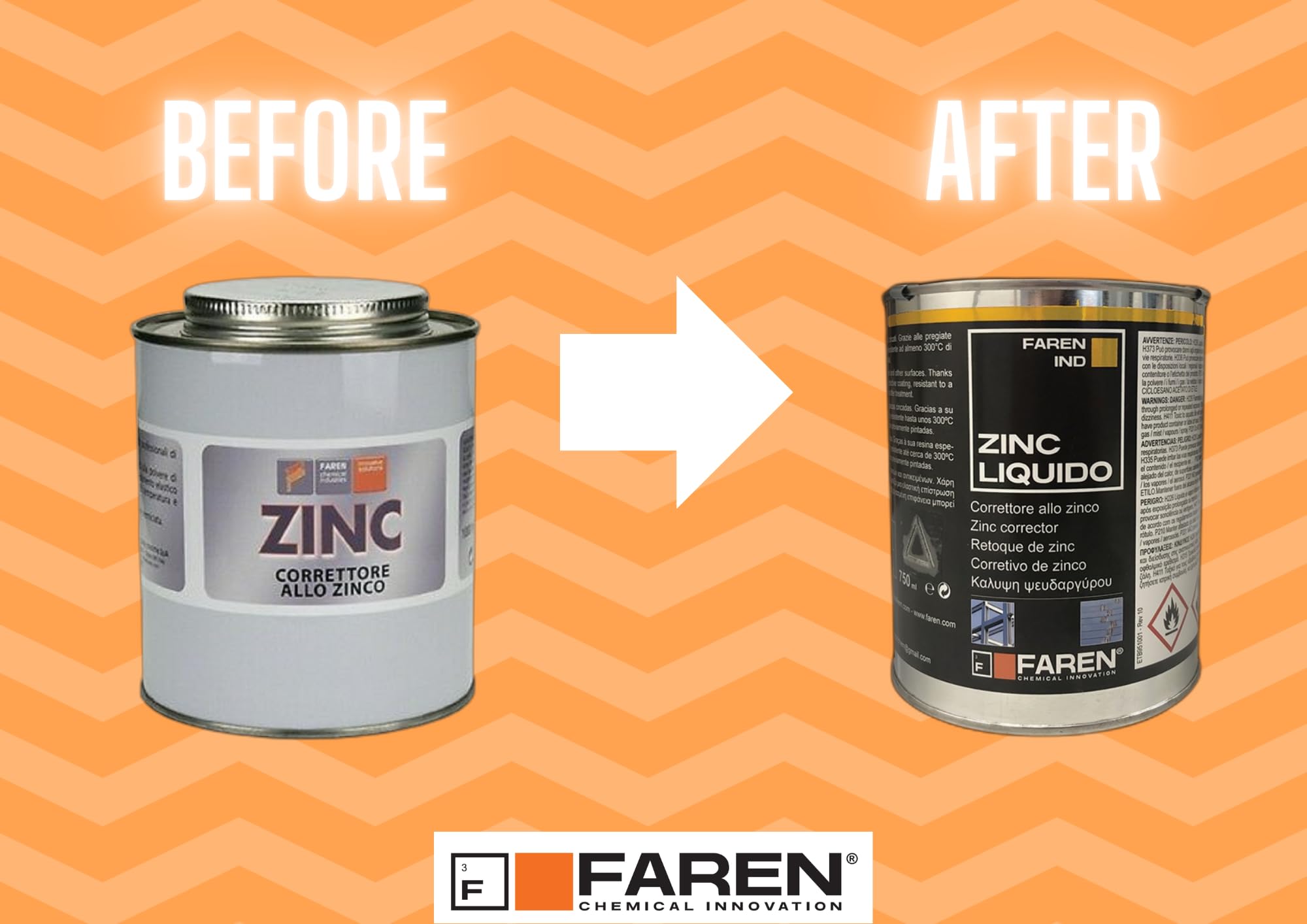 Faren ZINC Zincante Liquido a Freddo Zinco Micronizzato Puro 98% Protezione 21 Micron Resistenza Temperatura 300°C 750ml