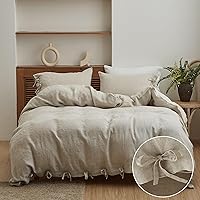 Vista 14 de Simple&Opulence Juego de funda de edredón 100 % lino, 3 piezas con cierre de corbatinas, de lino francés lavado, color liso, suave, transpirable