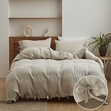 Simple&Opulence 100% Linen Duvet Cover Set 3pcs with Bowknot Ties Closure Natural French Washed Flax Solid Color Soft Breathable Farmhouse Bedding - Linen, Queen Size
