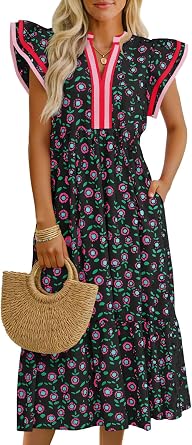 Wenrine Womens Summer Floral Midi Dresses Cap Sleeve Striped Sundress