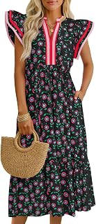 Wenrine Womens Summer Floral Midi Dresses Cap Sleeve Striped Sundress