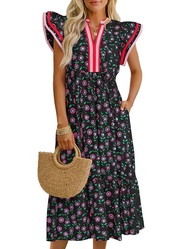 Wenrine Womens Summer Floral Midi Dresses Cap Sleeve V Neck Sundress Black by Wenrine - Used condition - US$31.13
