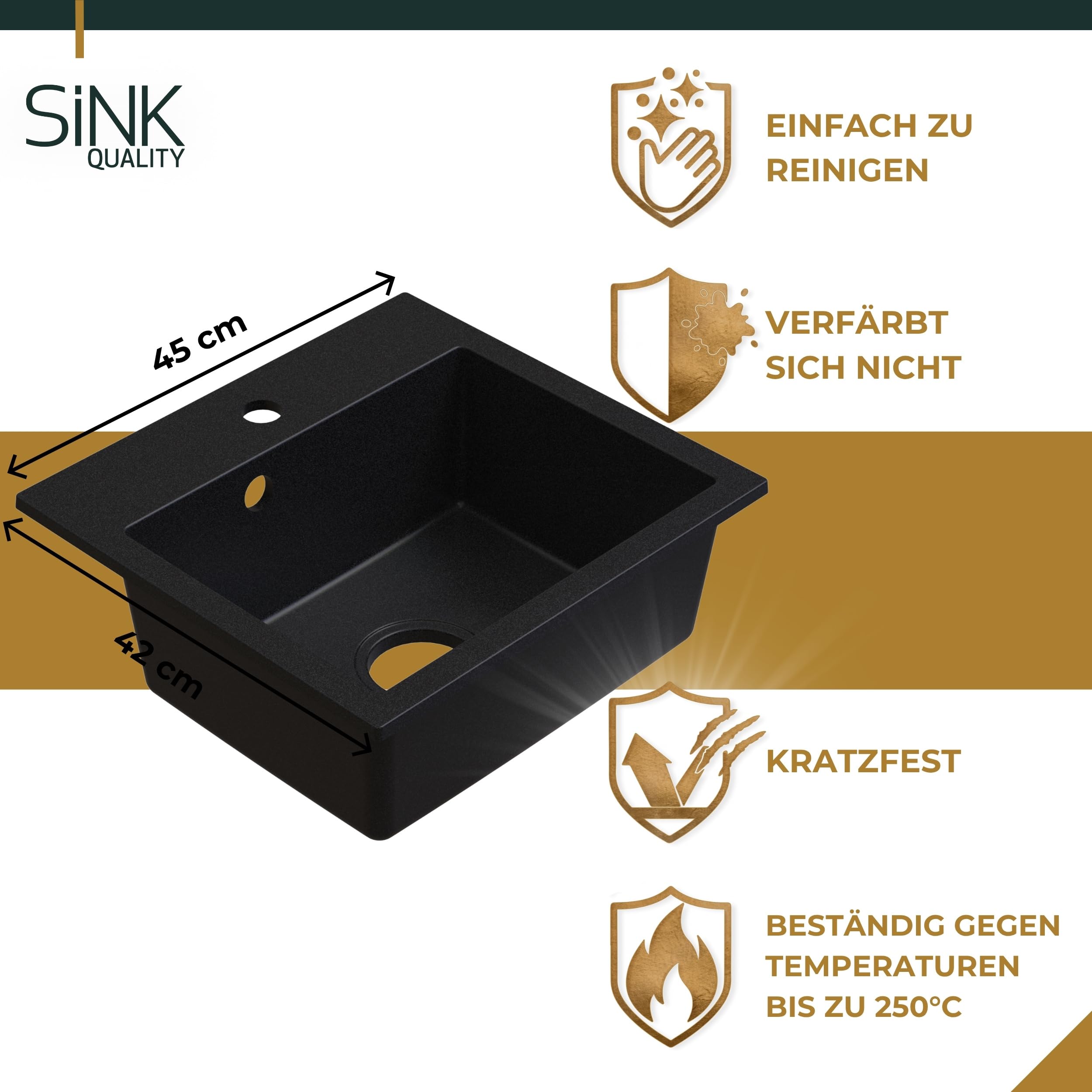 SINK Quality czarny zlewozmywak z armaturą zestaw 45 × 42 cm – zlewozmywak z kranem, syfonem i impregnacją – kompletny zestaw z granitu – zlewozmywak do szafki pod umywalkę od 45 cm