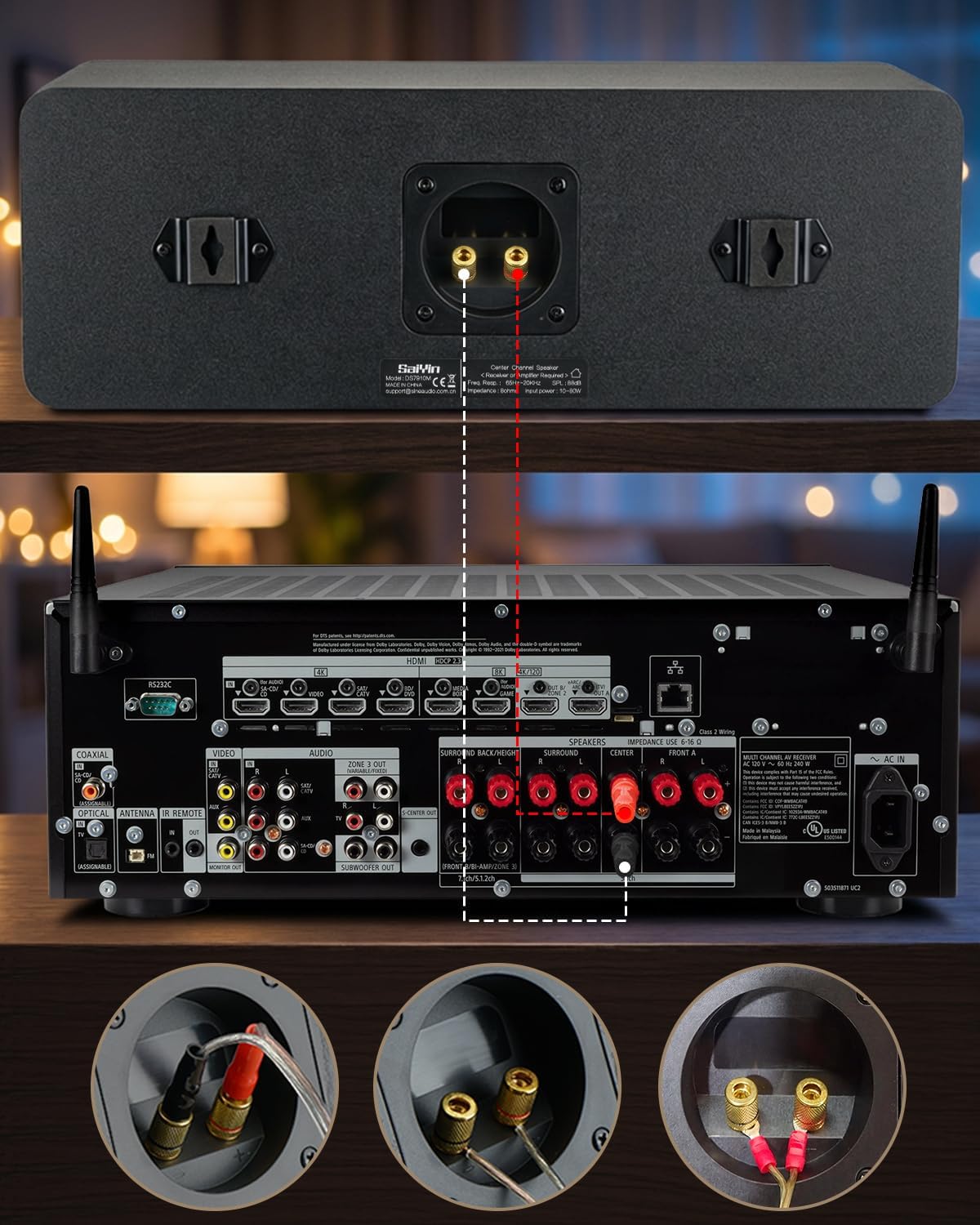 Saiyin Center Channel Speaker for Home Theater Surround Sound System with 5 inch Woofer, 8Ω and 20mm Silk-Dome Horn Tweeter for TV, Receiver or Amplifier Required, Wall-mountable