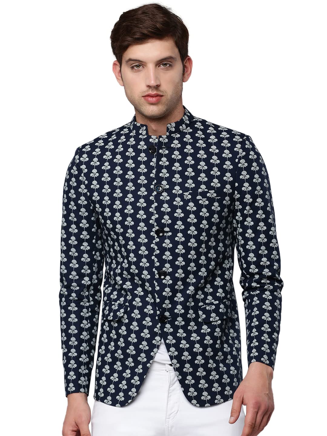 showoffff SHOWOFF Men's Mandarin Collar Printed Navy Blue Open Front Blazer-SOBLZ-296_NavyBlue-picture-17