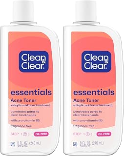 Clean & Clear Essentials Oil-Free Acne Toner, 2% Salicylic Acid Acne Treatment, Gentle Facial Toner for Pimples Cleanses Pores to Clear & Remove Blackheads, Fragrance Free, 8 fl. oz (Pack of 2)