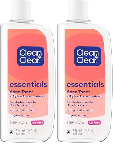 Clean & Clear Essentials Oil-Free Acne Toner, 2% Salicylic Acid Acne Treatment, Gentle Facial Toner for Pimples Cleanses Pores to Clear & Remove Blackheads, Fragrance Free, 8 fl. oz (Pack of 2) - 8 Fl Oz (Pack of 2)