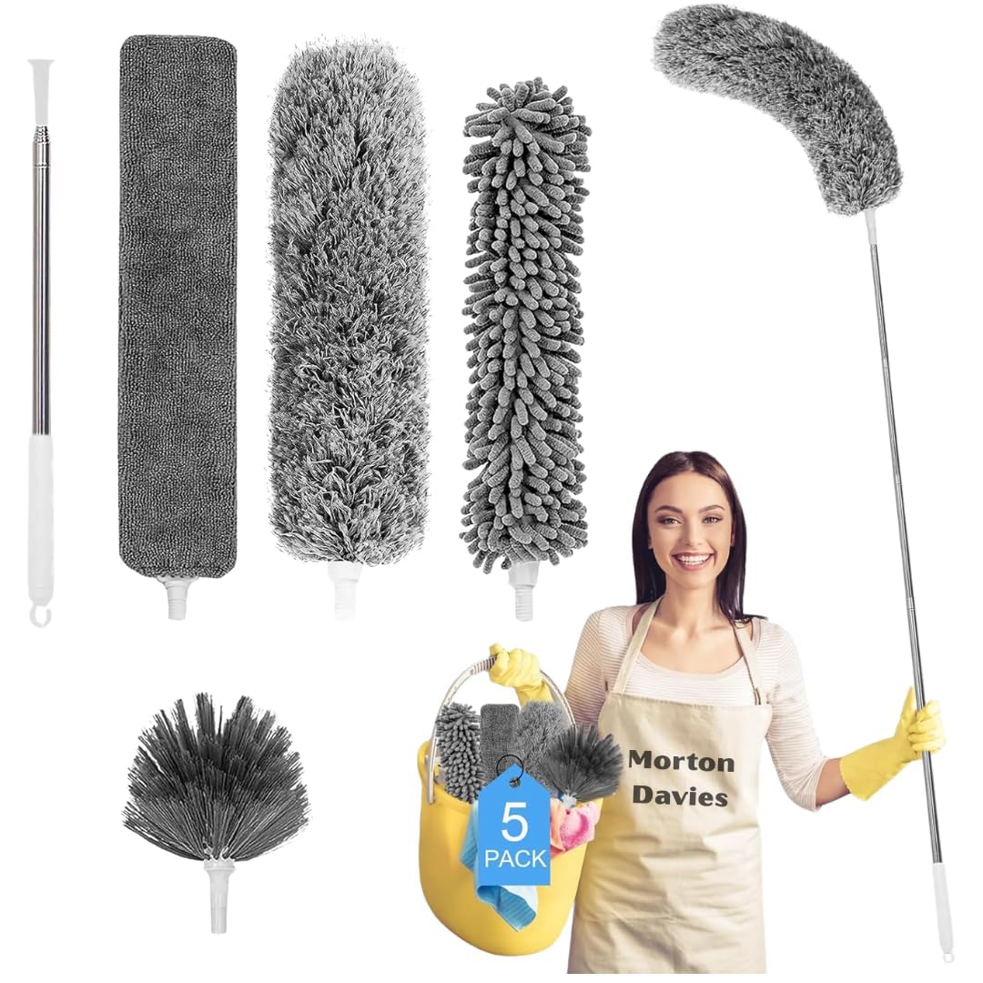 5 in 1 Microfiber Feather Duster kit with 100 inches Long Rod-Microfiber
