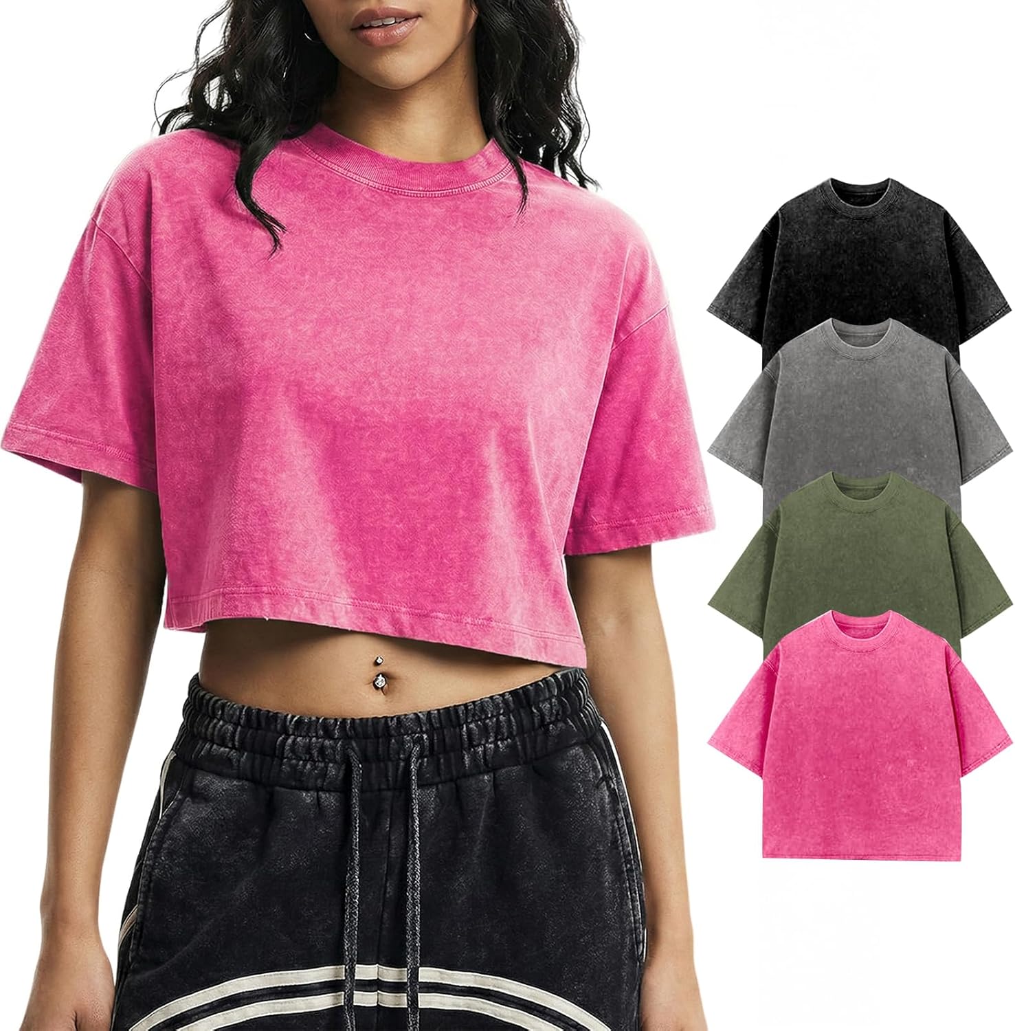 Gihuo Cropped T Shirts for Women Vintage Tees Acid Wash Crop T-Shirts Oversized Cotton Tshirt