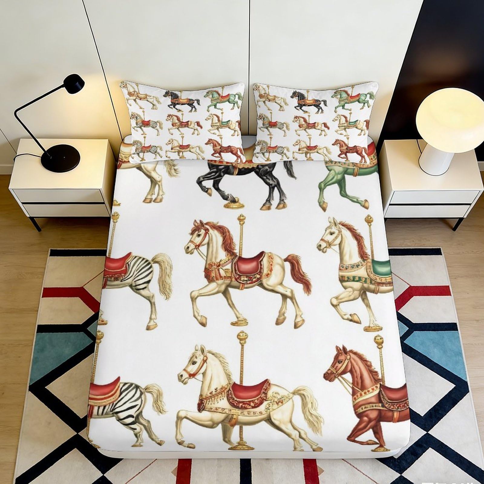 3D Printed Carousel Horse Fitted Sheet Microfiber Non Slip Bed Cover for Bedroom Guest Room Decor Machine Washable 90x200x25cm