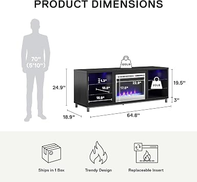 Ameriwood Home Lumina Fireplace TV Stand, Black Oak, Holds TVs up to 70, Modern Entertainment Center with RGB LED Lights