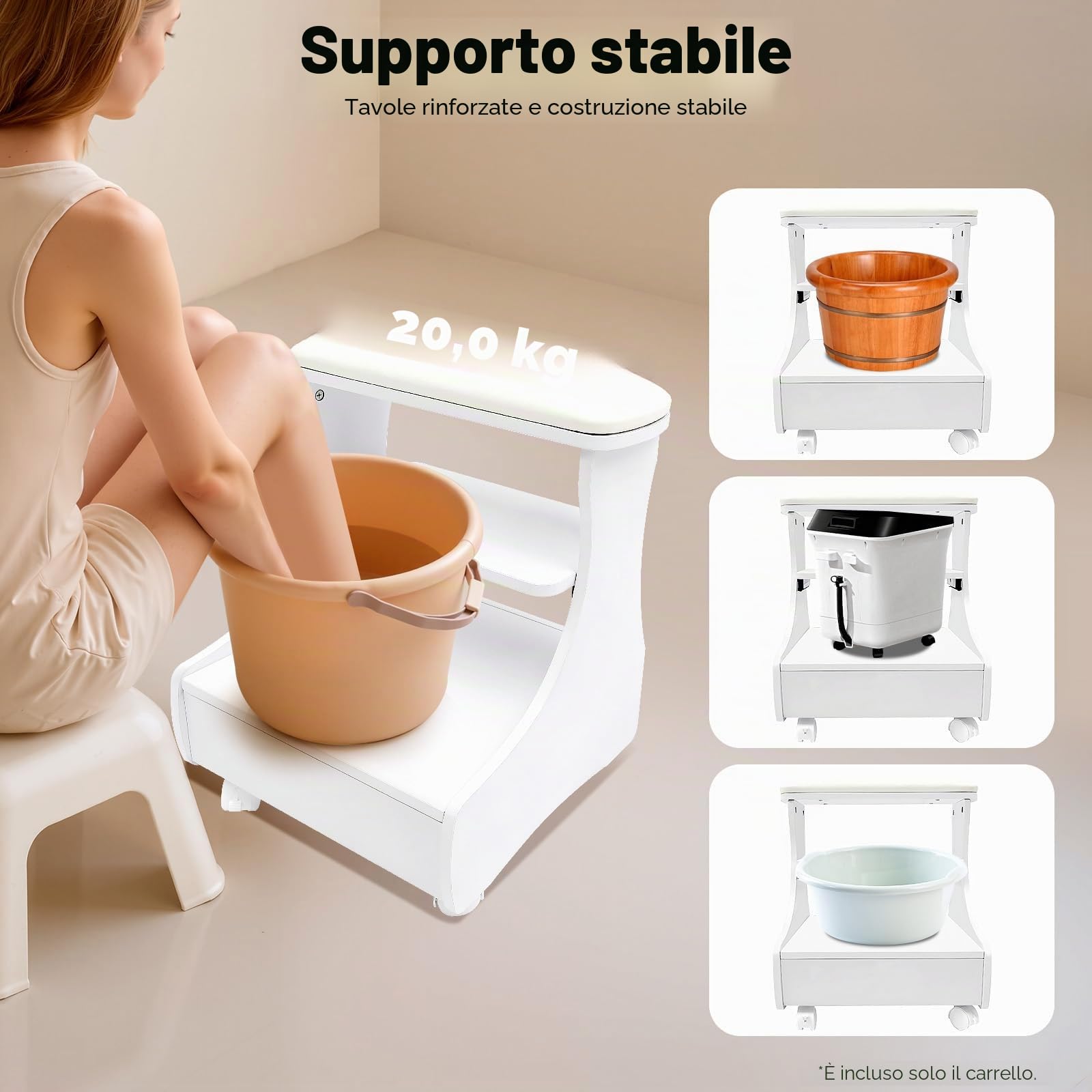 Sgabello da bagno con piedini, poggiapiedi per pedicure, carrello per manicure, sgabello da bagno piedi con ruote freno, cassetto, vassoio per appoggio, carico 20 kg, MDF, casa Spa soggiorno Institute