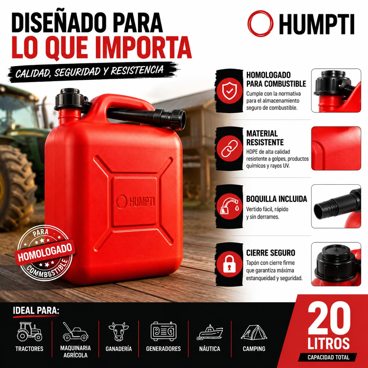 Garrafa Gasolina 20L Homologada Pack de 6 - Bidón Combustible Plástico con Visor de Nivel - Bidones para Gasolina y Gasoil Homologados 120 Litros - Rojo