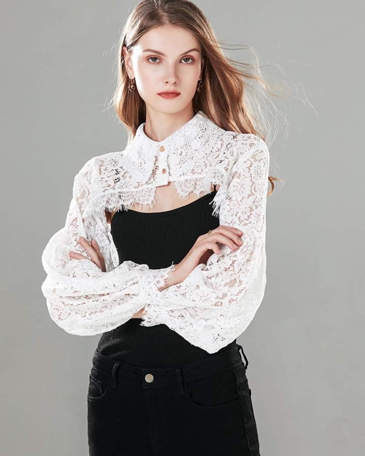 YEKEYI Detachable Dickey Blouse False Collar Clown Corset Lace Sleeves Shirt Blouse Collar Crop Top Clown Dress