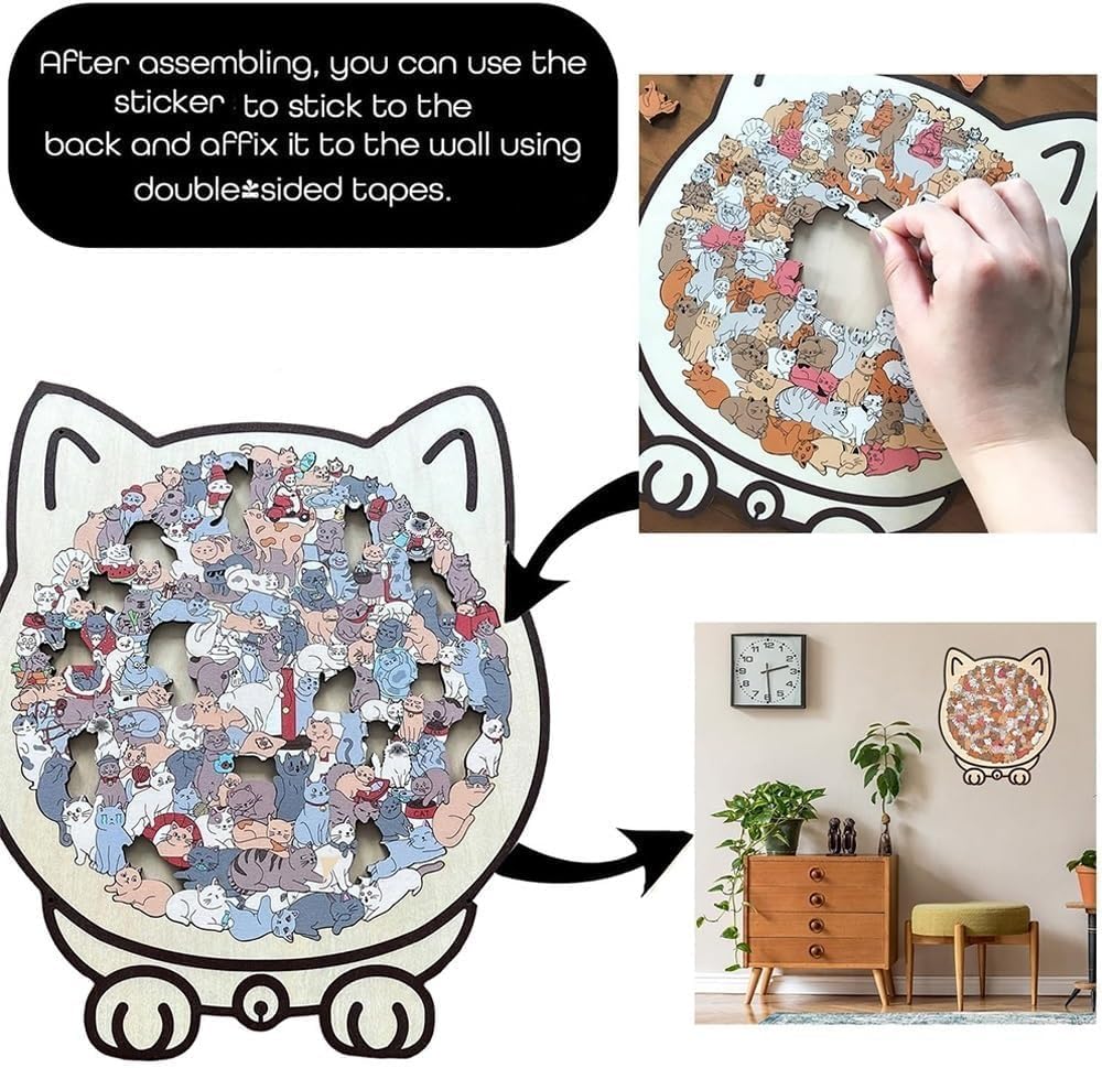 Cat Shaped Wooden Jigsaw Puzzle 135-Piece, Morandi Colors Animal Cats Decorative with Cats Outlines Framed and Acrylic Cover, Home Design Decor