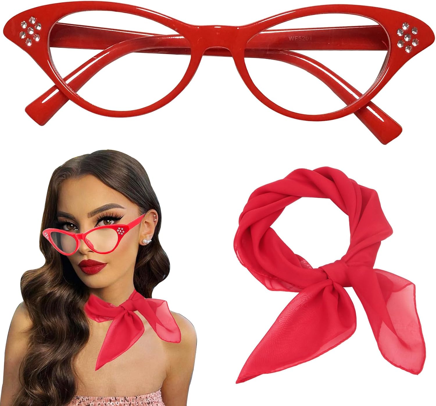 50's Costume Accessories Set for Women 1950s Vintage Chiffon Neck Scarf Rhinestone Cat Eye Glasses for Cosplay Party