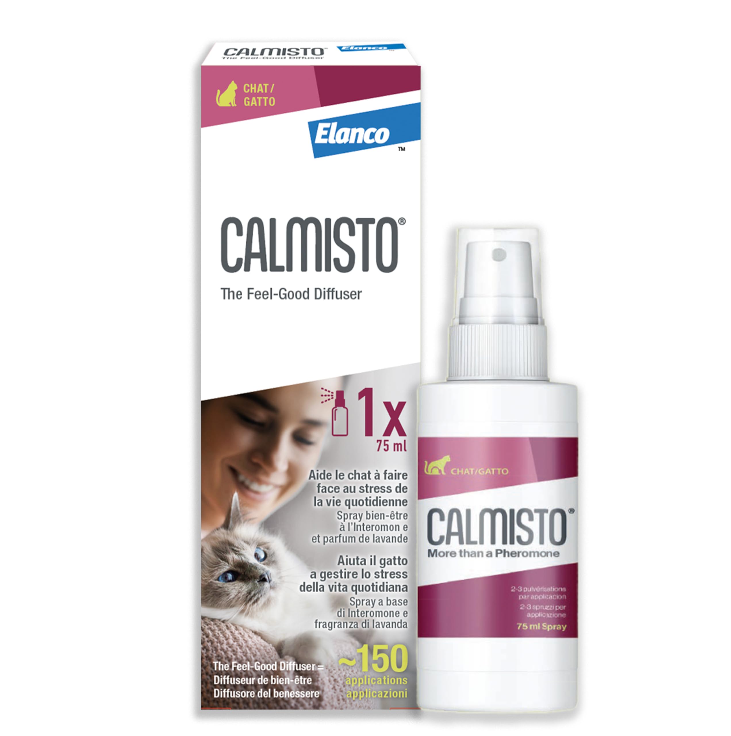 Spray Calmisto à l'intéromone de Bien-être pour Chat 75 ML — Spray Anti-Stress pour Chat à Base d'intéromone et de Lavande — Produit Anti Stress Chaton Efficace Pendant 4 Heures