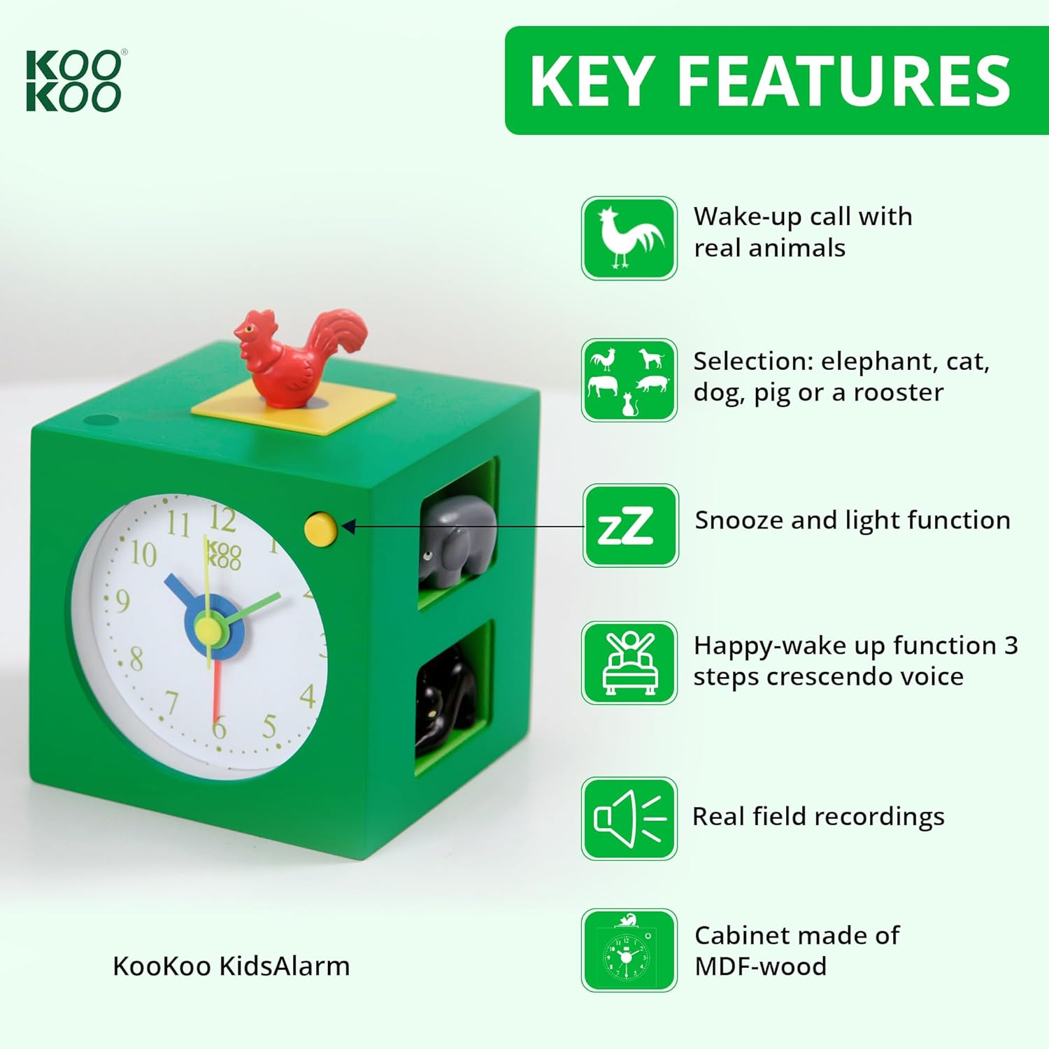 KOOKOO KidsAlarm Green, with 5 Different Farm Animals and Their Wake-up Calls (Natural Field Recordings)