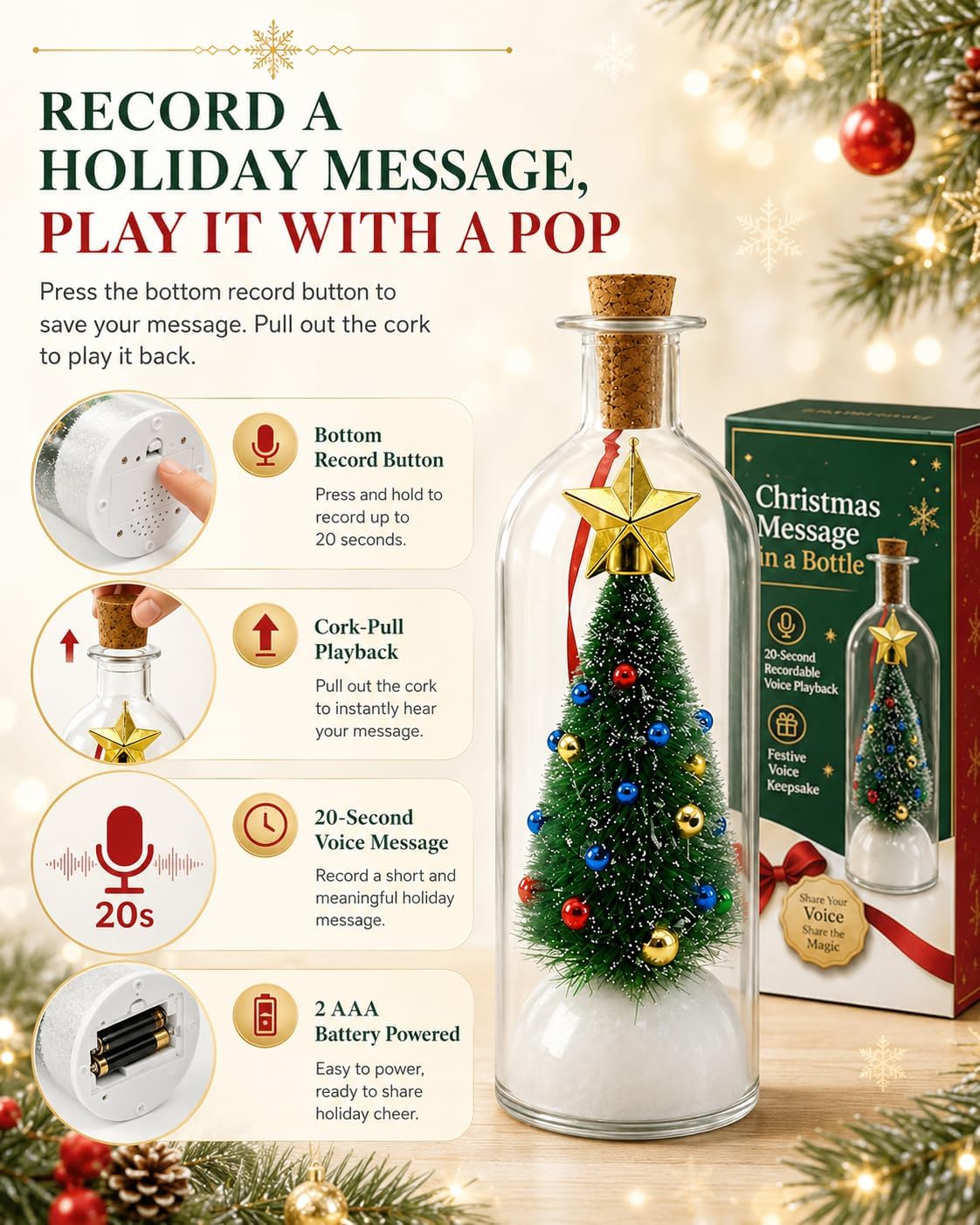 Christmas Message in a Bottle Voice Playback, 30 Second Recordable Bottle
