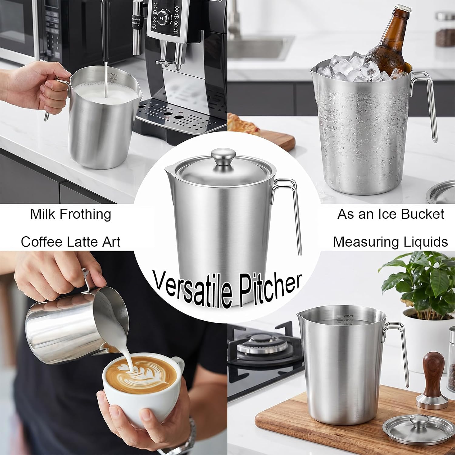 Stainless Steel Pitcher with Lid, 70 oz/2 L Metal Measuring Cup
