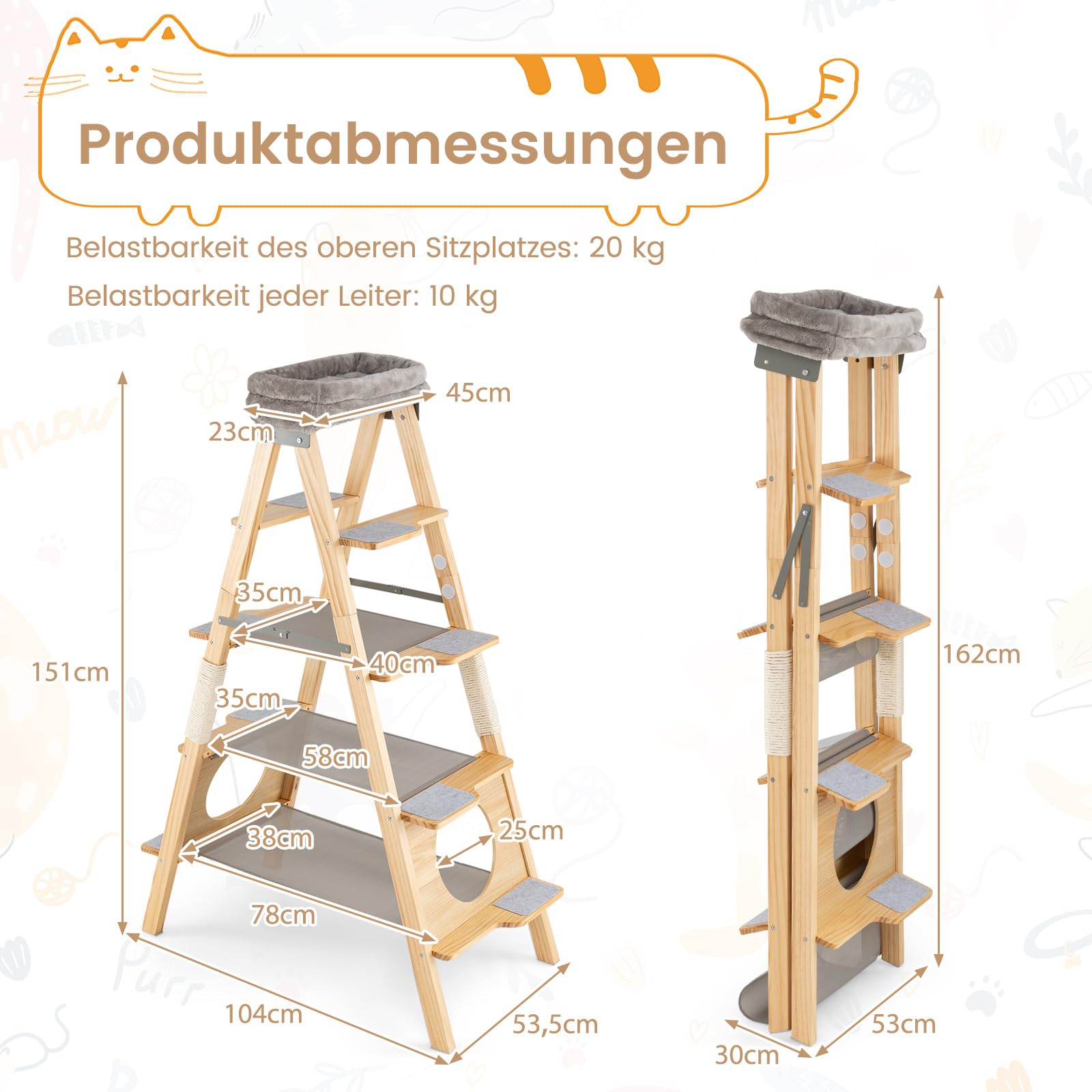 COSTWAY Kratzbaum und Leiter, 5-stöckiger Katzenbaum mit Sisal-Kratzpfosten & gepolstertem Liegeplatz, Ladder Kletterturm faltbar, aus massivem Kiefernholz, Katzenkratzbaum groß, 151 cm hoch, Natur