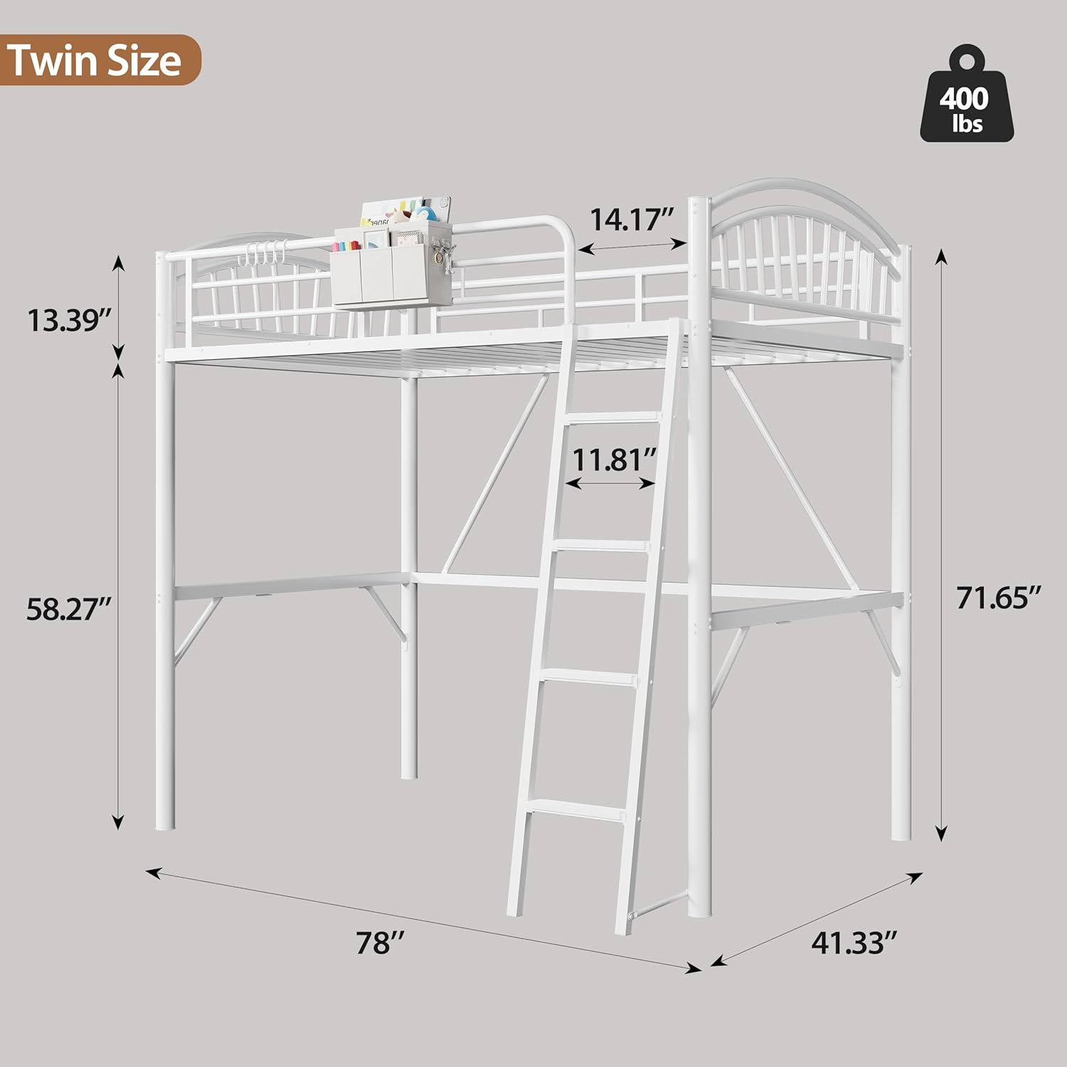 White Twin Loft Bed with Storage Bag, Metal Twin Size Loft Beds for Kids with Convertible Ladder, Safety Guard Rails and Anti-tip Nails for Teenager，Girls or Boys (White)