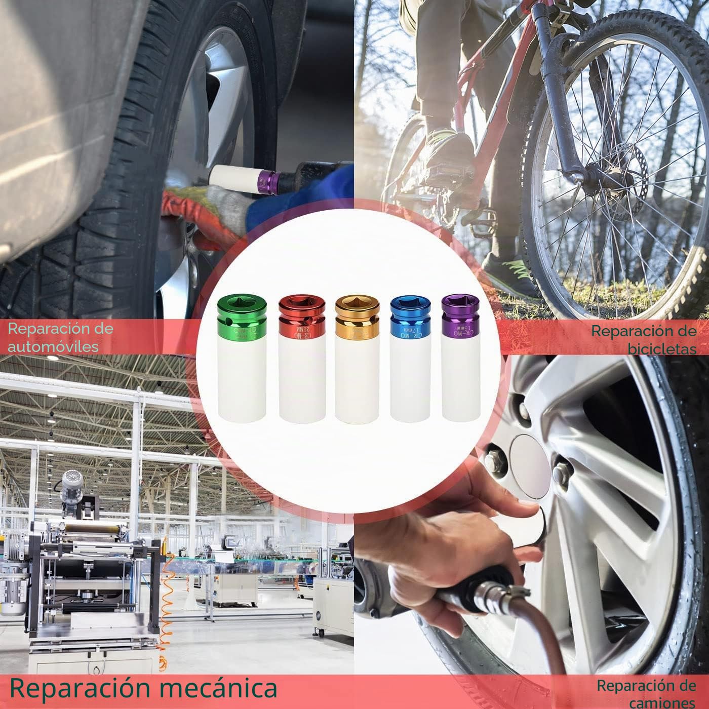 Juego de 5 llaves de impacto con insertos protectores, juego de tuercas para ruedas 15, 17, 19, 21, 22 mm, inserto de 1/2 pulgada para llave de torque e impacto, herramienta para tuercas de